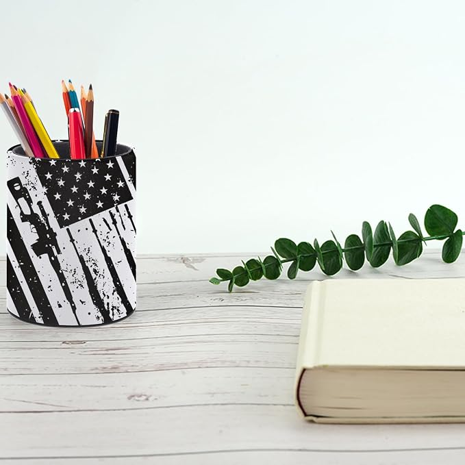 American Flag Pen Holder Pencil Cup for Desk Organizer | Cute Makeup Brush Holder PU Multifunctional Office Suppliesfor Decor Home Classroom School