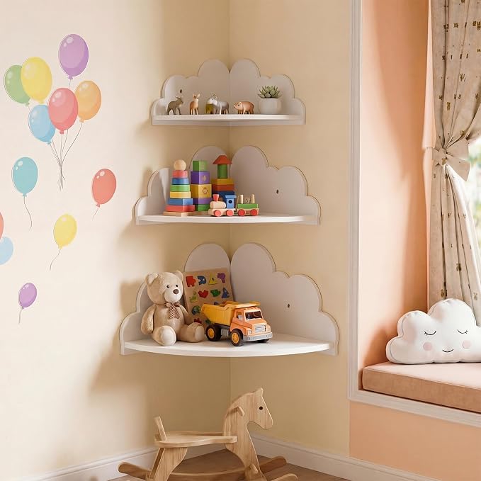 Novabright 3 Pack Cloud Floating Corner Shelves, 9/10/12 Inch Wall Mounted Corner Shelves for Room & Nursery Decor, Cute Cloud Display Shelf for Storage, Plants, Books & Small Decor