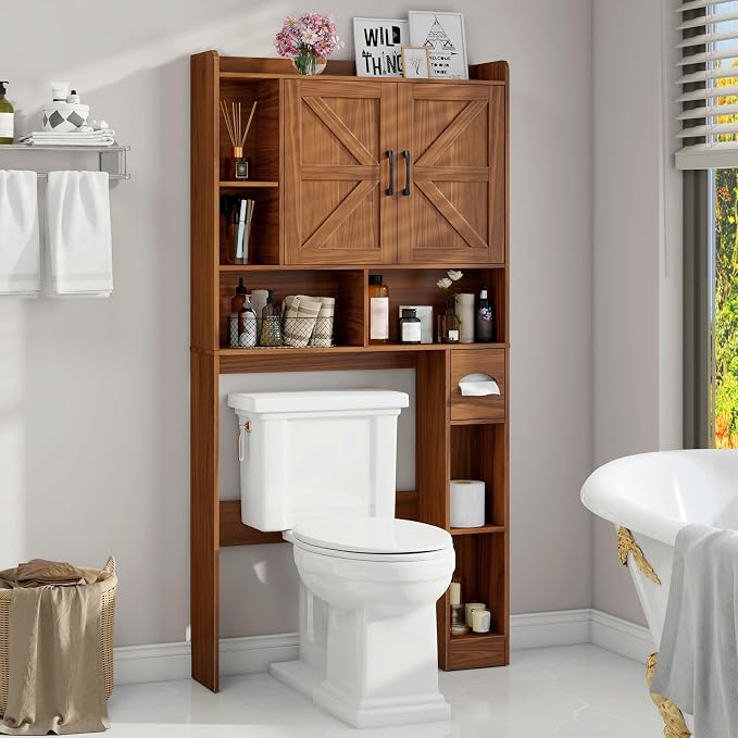 Vabches Over The Toilet Storage Cabinet with 2 Barn Doors, Caramel | Farmhouse Storage Cabinet with Toilet Paper Holder Stand，Home Space-Saving Toilet Rack, for Bathroom, Restroom, Laundry