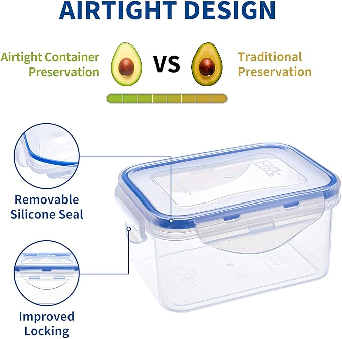 KIGI Small Food Storage Containers, Rectangle, 4-Sided Locking Airtight Lids, BPA-Free Plastic, Leak-Proof for Lunch, Meal Prep, Snack & Portion Control, 17 oz / 2.1 Cup, 8 Piece Set
