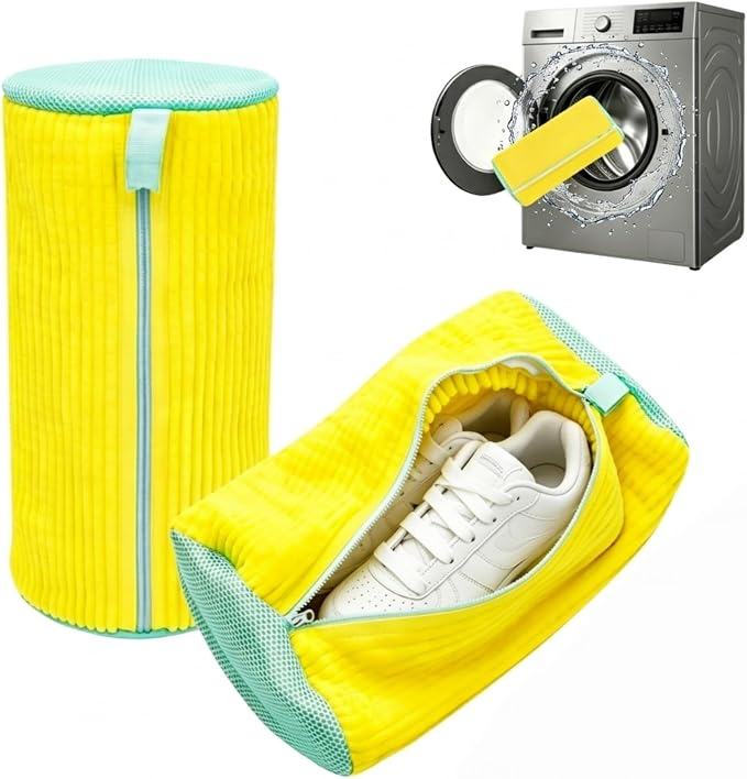 2 Pack Shoe Washing Machine Bag, Works for Washer & Dryer, Reusable Laundry Bag with Self-Locking Zipper, 360° Deep Cleaning for Sneakers and Tennis Shoes (Yellow)