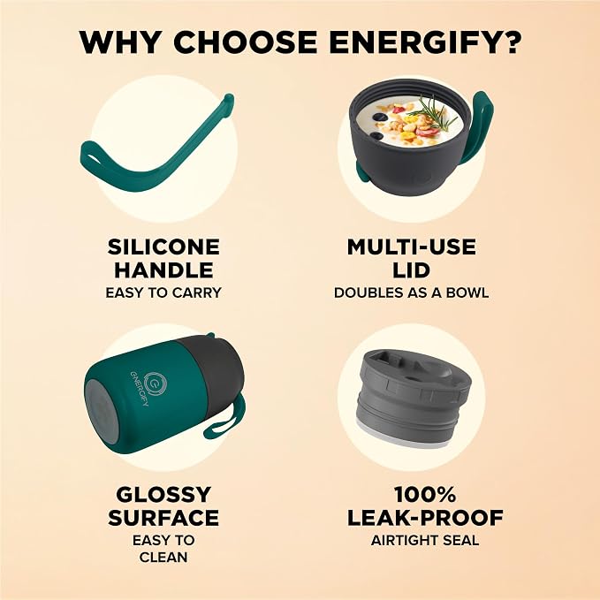 ENERGIFY Vacuum Insulated Food Jar. Large 17oz Bowl incl. Folding Spoon, Cup. Wide Mouth Keep Hot & Cold Drinks Soup Lunch Container for Adults. BPA-Free Stainless Steel, Leak Proof Olive Green