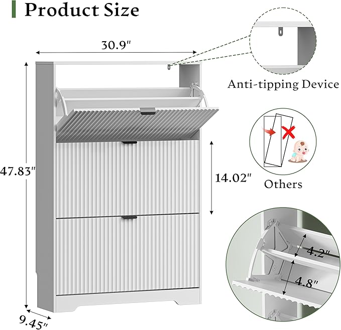 Xixini Shoe Storage Cabinet for Entryway with 3 Flip Drawers, Hidden Slim Wood Shoe Organizer with Modern Fluted Panel, Freestanding Narrow Shoe Rack for Front Door Entrance, Hallway, Foyer, White