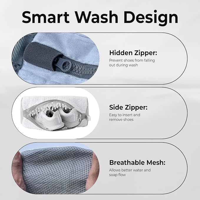 2PCS Shoe Washing Machine Bag with Pair of Shoes Tree and 4 Deodorizer Balls, Durable Zipper Reusable Shoe Washing Bag with 20000+ Fluffy Fiber Lining For 360° Cleaning for Sneakers