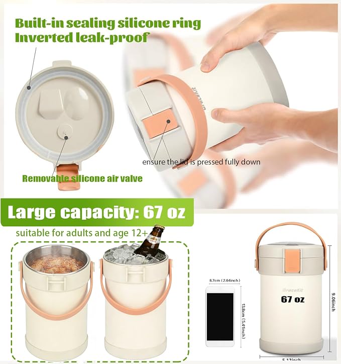 67oz/2L Thermo for Hot Food, 304 Stainless Vacuum Insulated Soup Thermo, Leakproof Thermal Lunch Box with 3 Stackable Bento Boxes & Leakproof Sauce Cups for Adults Office Travel Camping - White
