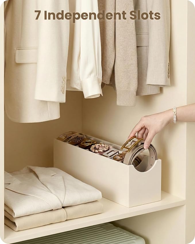 Lolalet Belt Organizer for Closet, Belt Box & Storage Drawer -Cream | PU Leather Belt Holder with 7 Extra-Wide Compartments, Soft Lining, Fits Entryway Cabinet, for Women, 1 Pack