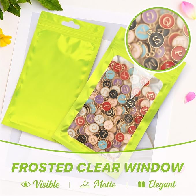 100 PCS Resealable Mylar Bags with Zipper and Frosted Clear Window Smell Proof Bag Packaging Bags Foil Pouch Zipper Bag for Food Self Sealing Storage Supplies (Green, 6.29x9.44)
