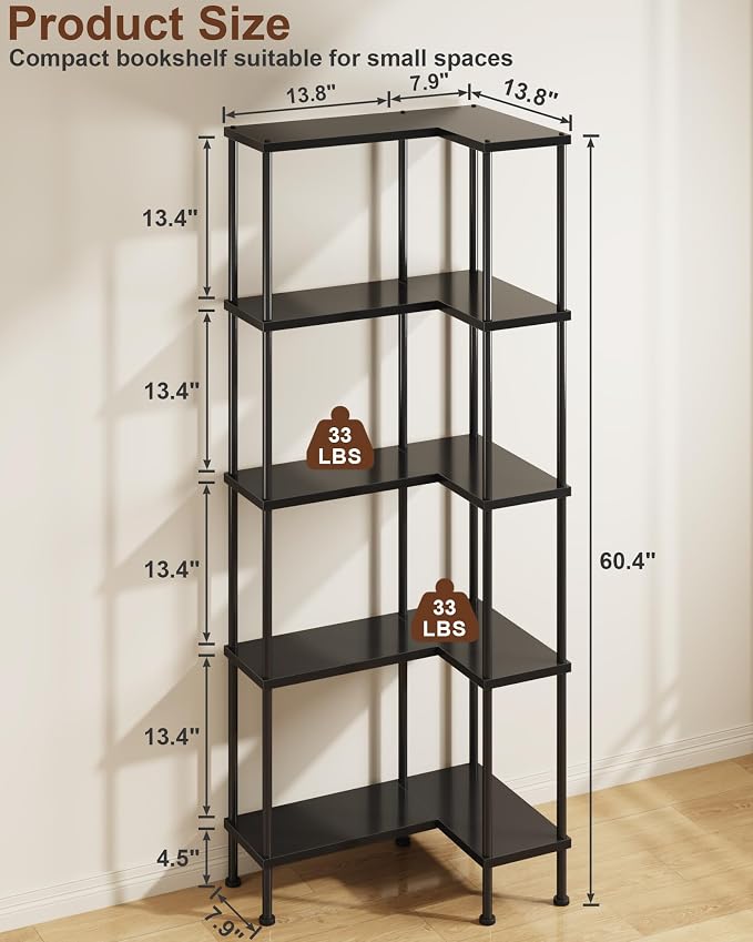 HIGDBFE 5-Tier L-Shaped Corner Bookshelf, 60" Tall Modern Corner Shelf | L-Shape Corner Fits Living Room, Bedroom, or Home Office Corners, 5 Open Shelves, Display Rack for Books, Plants, and More