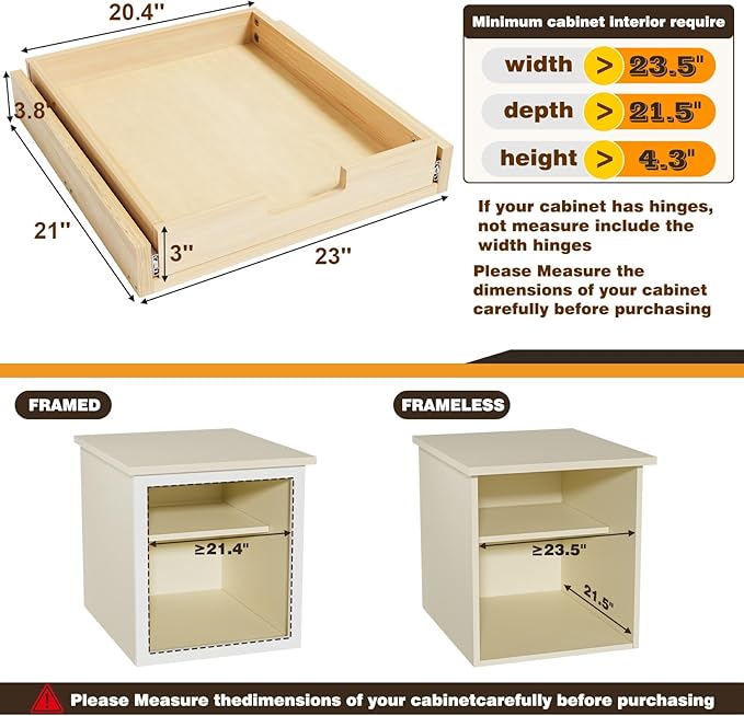 Pull Out Cabinet Organizer, 23''W×21''D Sliding Drawers for Cabinets, Soft Close Slide Out Wooden Pull out Drawers, Base Cabinet Organization for Kitchen, Pantry, Bathroom