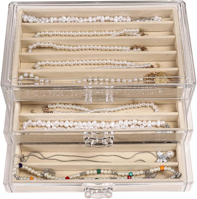 CLUQMEIK Necklace Organizer Box with Clear Lid, Dustproof Velvet Jewelry Holder Storage Display Case, Stackable Acrylic Necklace Tray Drawer Insert for Women and Girls (Beige,3 Drawers)