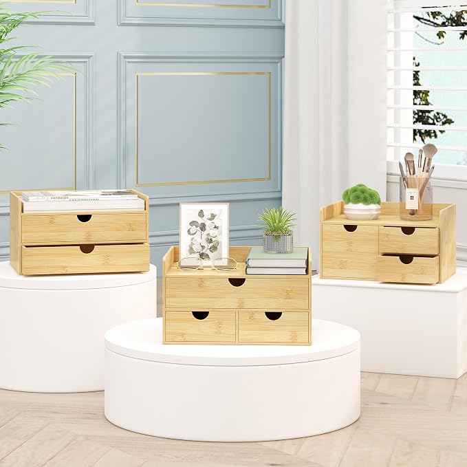 Bamboo Desk Organizer with Drawers, Desktop Storage for Office Supplies | 3 Drawers Desktop organizer, No Assembly Required, Natural Wood Wooden Desktop Drawers Box for Bills, Cosmetics, Seals, Paper