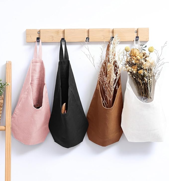 100% Linen Hanging Storage Bags Baskets 2 Pcs, Small Wall Storage Bag for Kitchen, Bedroom, RV Camper Organizer, Sewing Room, Nursery Storage, Kids Room (White)