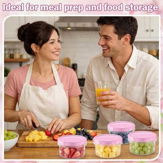 Sieral 16 Pack 8 oz Freezer Containers with Lids Reusable Deli Freezer Storage Containers Stackable Plastic Thick Twist Top Jars for Takeout Food Round Wide Mouth Lunch Snack (Pink)