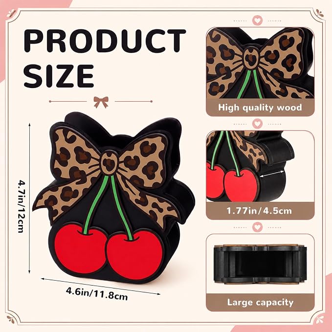 Tenceur Cherry Leopard Bow Pencil Holder for Desk Large Capacity Bow Wood Pen Holder Coquette Desk Organizer Cute Teacher Office Decor Makeup Brush School Supplies Back to School Gift for Girls Women