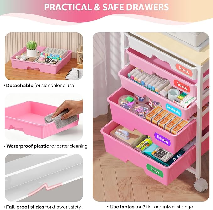 Goovilla Rolling Cart with Drawers, Utility Cart Organizer with 5 Removable Drawers and Wooden Tabletop, Lockable Rolling Storage Organizer for Art, Classroom, Home, Dorm, Office, Craft Storage, Pink