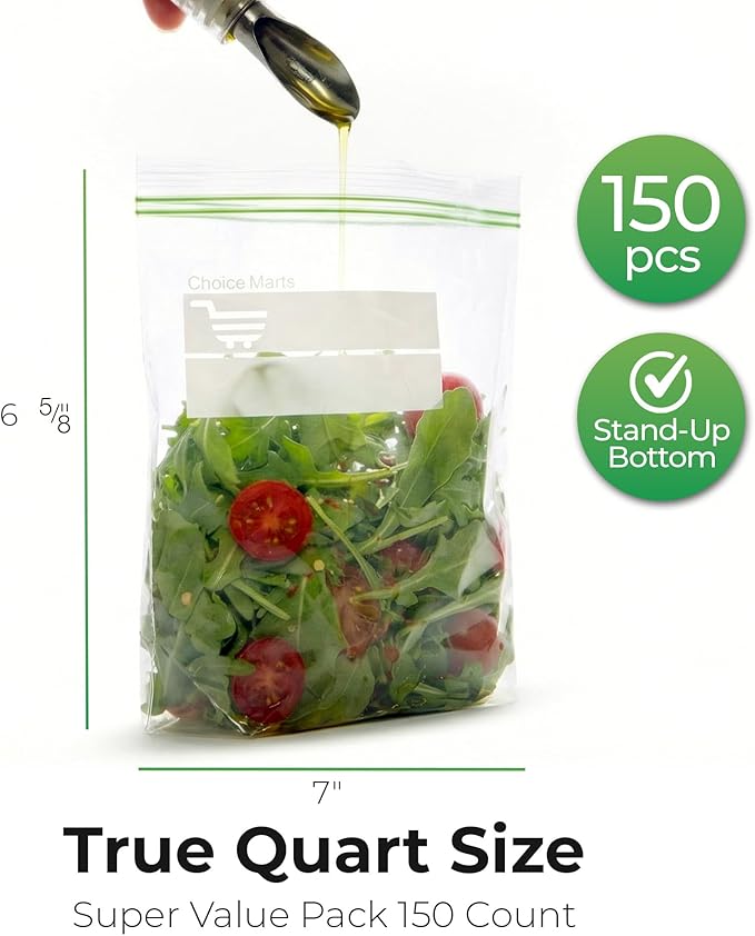 Quart Size Freezer Bags – 150 Count, Resealable, Extra Strong 2 Mil Leak Proof Double Zipper Clear Stand Up Food Bags