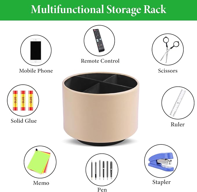 Round Leather Art Supply Organizer,Remote Control Holder,360 Degree Spinning,Multi-Functional Pencil Holder,4 Compartments Desktop Stationary Organizer(1-Oil Apricot)
