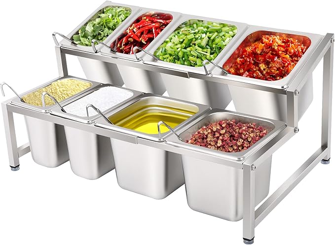 Expandable Spice Rack, Countertop Condiment Stand Holder with Pans and Lids,Stainless Steel Organizer Shelf for Seasonings Sauces Side Dishes Fruits Kitchen Pantry (4*1/9 Pans + 4*1/6 Pans)