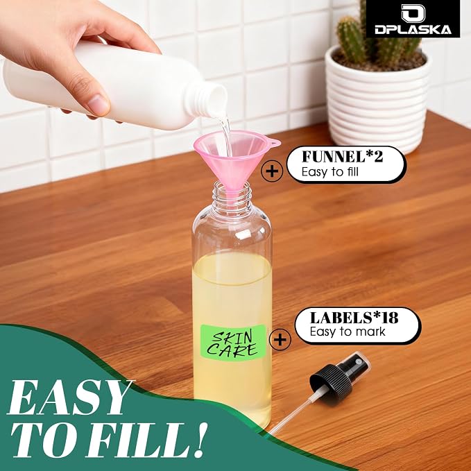 12 Packs 8 oz Clear Plastic Spray Bottles, Black Fine Mist Sprayer | Refillable Empty Bottles with Cap, For Essential Oils, Perfumes, Travel, Cleaning Solutions, With Labels & Funnel