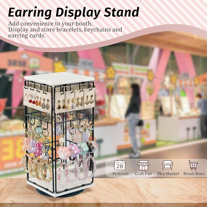 360 Rotating Earring Display Stands for Selling, Earring Rack Display Holder Stand, Jewelry Display for Vendors Selling Earring Cards, Necklaces, Bracelets, Hair Accessories (48 Hooks)