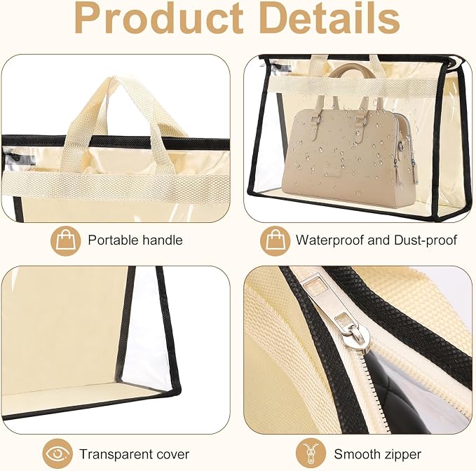 Dust Bags for Handbags,6 Pack Clear Handbag Storage Organizer,Purse Storage Bag with Zipper and Handle,Handbag Dust Bags for Closet Hanging Storage (6pcs S)