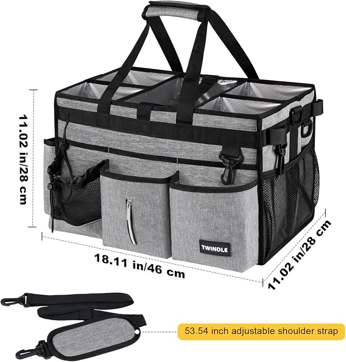 Extra Large Cleaning Caddy Bag with Rigid Support Board, Cleaning Organizer Tote with Detachable Divider, Adjustable Shoulder Strap & Waist Belt, Cleaning Supply Carrier for Cleaners & Housekeepers
