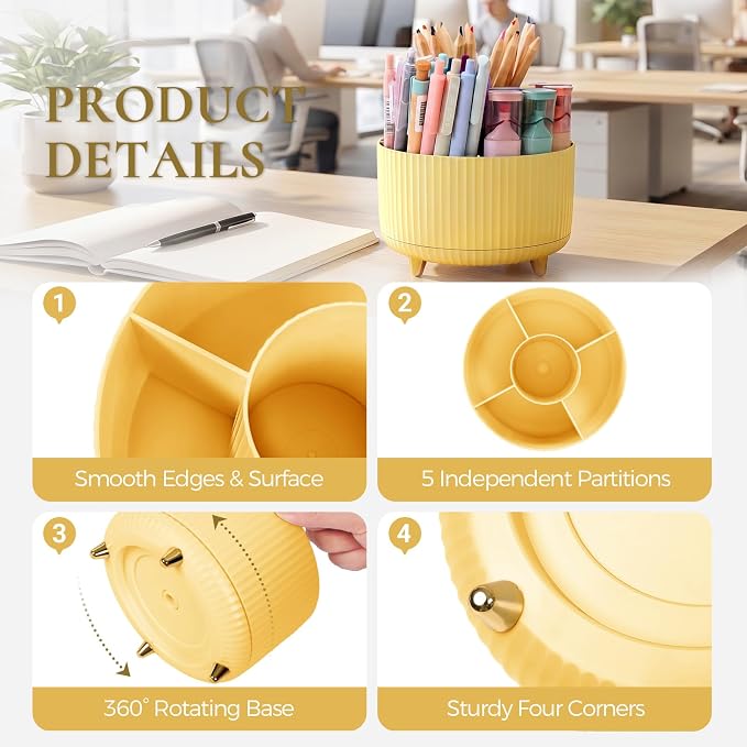 KONVINIT Pencil Pen Holder for Desk, 5 Slots 360-Degree Rotating Desktop Organizer, Cute Desk Organizers and Accessories for School, Home, Office and Art Supply, Yellow