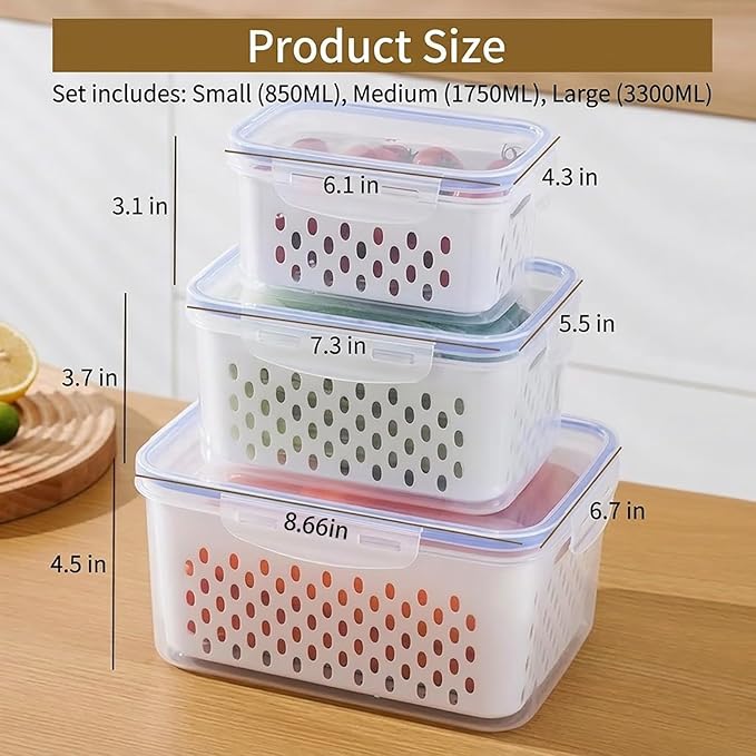 Fruit storage containers for fridge, with detachable drainer basket and airtight seal, stackable produce organizer, prolongs freshness of berries, greens, meats