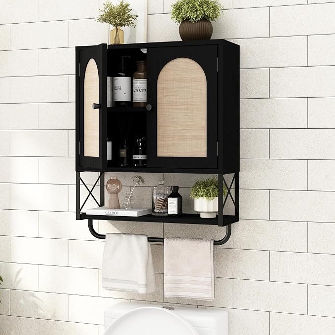 RUSTOWN Rattan Bathroom Wall Cabinet, Boho Over The Toilet Storage Cabinet | Arched Rattan Doors, Modern Medicine Cabinet, Adjustable Shelves, Towel Bar, Black