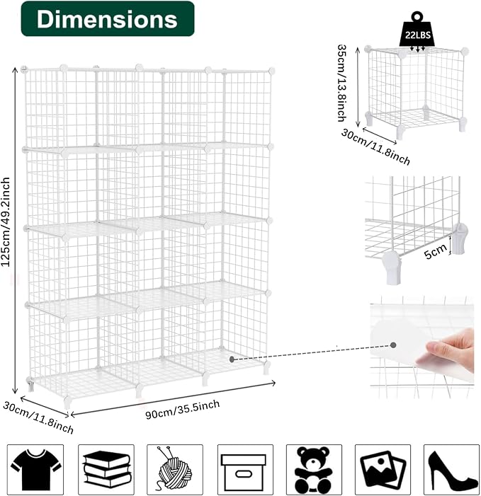 AWTATOS Wire Cube Storage, Closet Organizer, 12 Cube Storage Shelf, White | Metal Cube Storage Shelves Bookshelf, Portable Closet Clothes Organizer, Wire Shelving for Bedroom, Home, Office