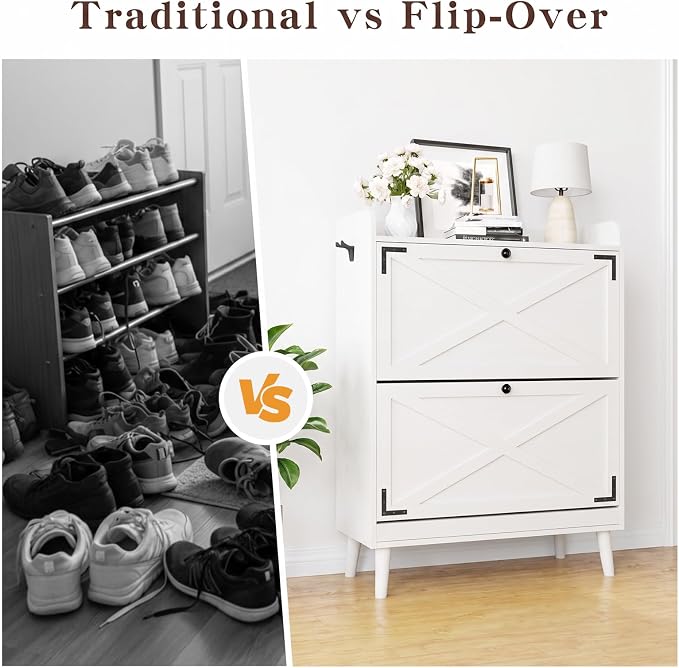 Shoe Storage Cabinet with 2 Flip Drawers & Adjustable Shelves, Freestanding Shoe Cabinet with Side Hooks Narrow Shoe Rack Cabinet for Entryway, Hallway, Rustic White