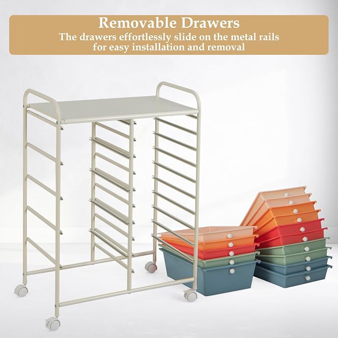 Moccha 15-Drawer Rolling Storage Cart - Under Desk Storage Drawers with wheels for Craft Art Supply Paper Salon, Scrapbook Paper Tools, Mobile Utility Cart for Classroom (15 Drawers, Macaron)