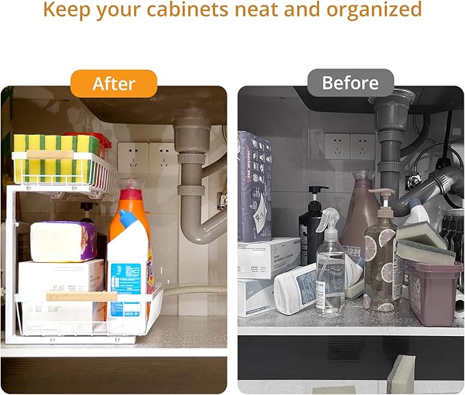 Under Sink Organizer 2 Pack, 2 Tier Pull Out Cabinet Organizers and Storage for Kitchen Bathroom Pantry Laundry, Adjustable Height, Slide Out Thickened Metal Storage Shelf (White, 2 Pack)
