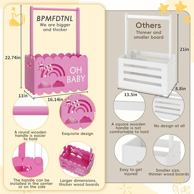 Wooden Baby Shower Crate Closet, Wooden Baby Shower Crate Closet, Boys and Girls for Baby Shower Wooden Basket Gifts, Welcome Baby Gifts, Suitable for Pregnancy Glfts for New Parent (Pink Color)
