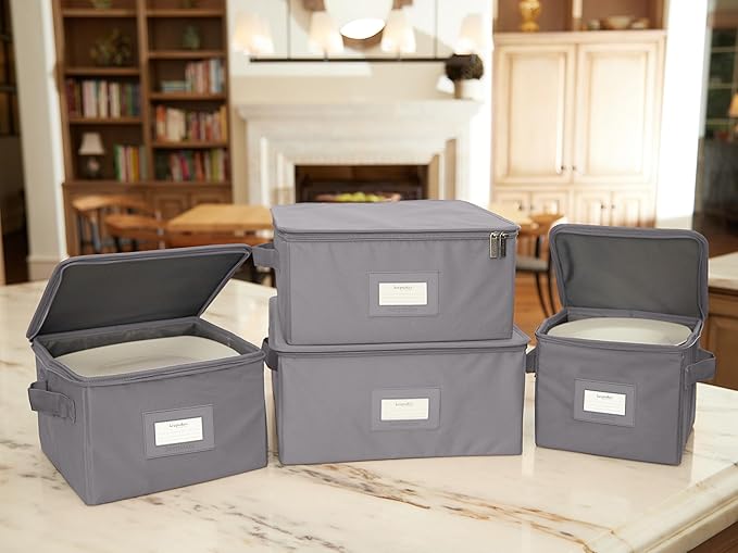 Covermates Dish Storage Box Set – China & Dinner Plate Storage Containers with Felt Dividers, Dual Zippers, Reinforced Handles, ID Window & Stackable Design, Graphite