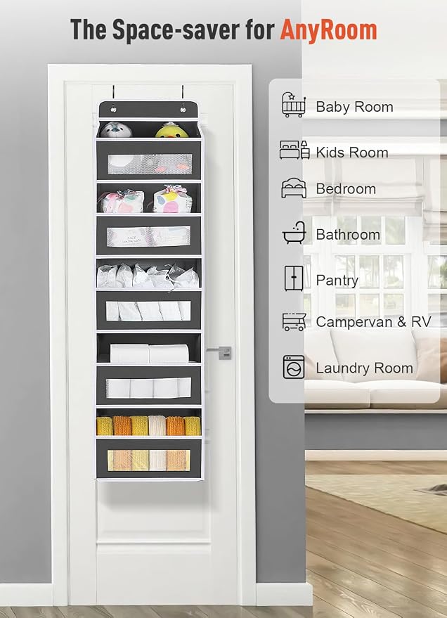 Upgrade Pocket Over The Door Organizer Storage, 5 Shelf Hanging Door Organizers with 10 Large Capacity Pockets, Anti Tilt 48 lb Load Behind Door Organizer for Bedroom, Bathroom, Pantry