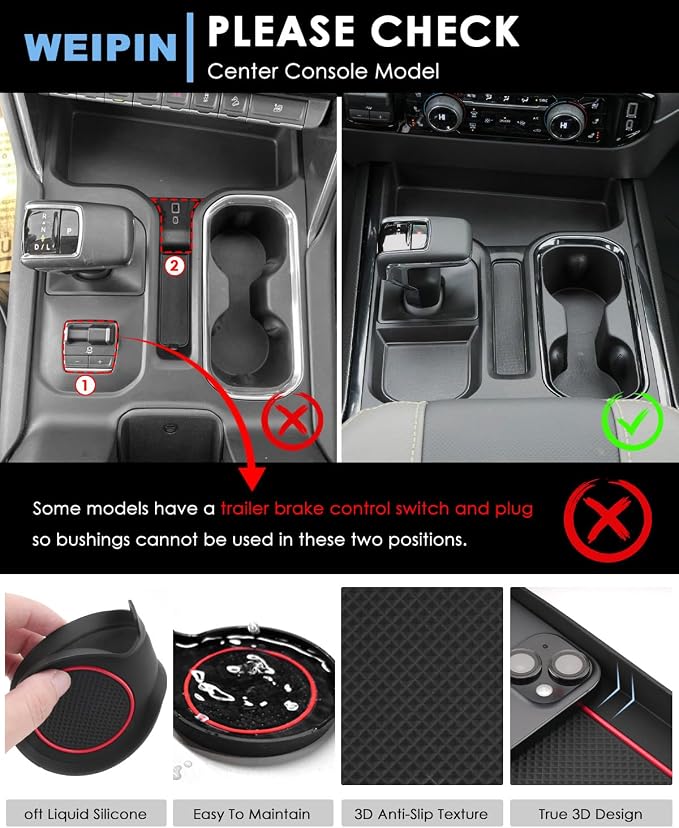Silverado Sierra 1500 Console Liners - Compatible with Refreshed Models 2022-2026 Silverado/Sierra 1500 - [3D High-Edge Liquid Silicone] 6PCS Cup Holder Mats, Full Console w/Bucket Seats ONLY - Red