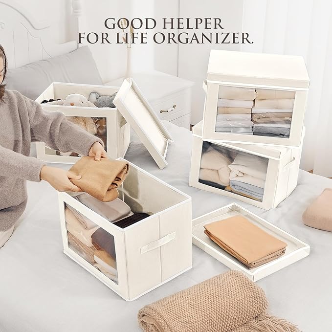 Homsorout Stackable Storage Bins with Lids - Medium Storage Box with Lids, Foldable Closet Boxes for Organizing, Wardrobe Clothes Organizer with Window, Fabric Bins for Living Room, 6 Pack, Beige