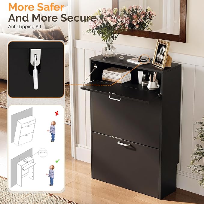VINGLI Set of 2 Black Shoe Cabinet Storage for Entryway, 2-Pack Ultra Slim Shoe Organizer with 2 Flip & 1 Drop-Down Drawers, 24.8" W Narrow Shoe Cabinet, Modern Black Wood Shoes Rack for Hallway