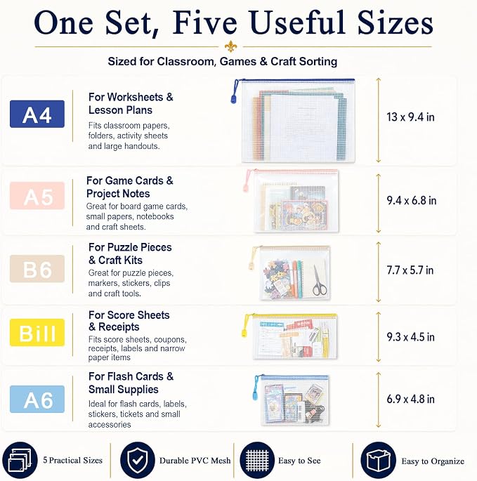 25 Pack PVC Mesh Zipper Pouches with 1 Organizer Bag, 5 Sizes A4 A5 A6 Bill B6, Translucent File Bags for Classroom Puzzle Board Game Craft School Office Storage (26pcs)