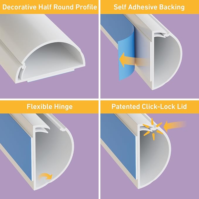 D-Line Half Round Cord Hider, Patented Cable Cover, Hide TV Wall Mount Wires, Raceway for Cords, Decorative Wire Covers, Paintable, Adhesive Cable Concealer, 1x 2in W x 1in H x 39in L, White