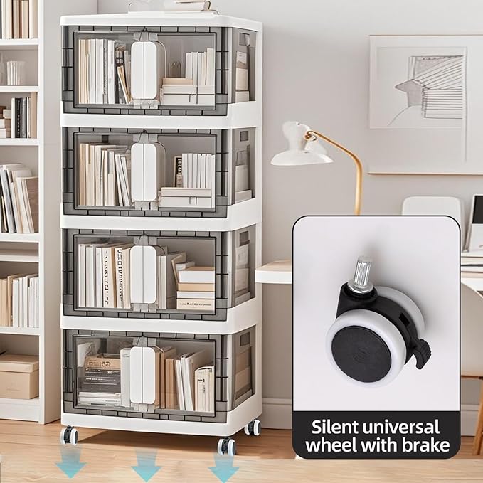 Folding Storage Organizer with Silent casters | Stackable Design for Home & Office, Heavy-Duty Plastic Storage Bin with Clear Door, 3 Sizes (19.5/23.5/27.5in),Black/White (23.6" 1 layer, White)