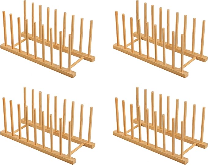 HBlife 4 Packs Heighten and Widen Bamboo Dish Drying Rack Plate Organizer | Plate Bowl Cup Book Pot Lid Cutting Board Stand, Drainer Storage Holder Organizer, For Kitchen Cabinet, 8 Slots