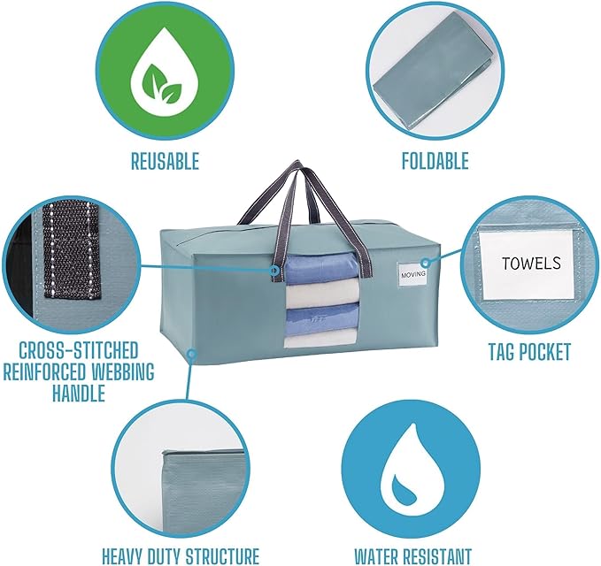VENO 6 Pack Heavy Duty Moving Bags, Christmas Storage Bins with Lids, Transparent Window Design, Alternative to Moving Boxes, Storage Bags for Clothes, Blankets, Comforters (Light Blue Matte, 6 Pack)