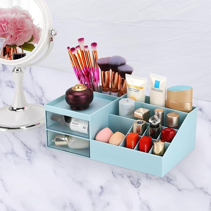 LETURE Desk Organizer, Cosmetic Makeup Vanity Organizer Box, Bathroom Counter Makeup Storage for Eyeshadows, Skin Care, Concealers, Powders, Nail Polish (Blue)