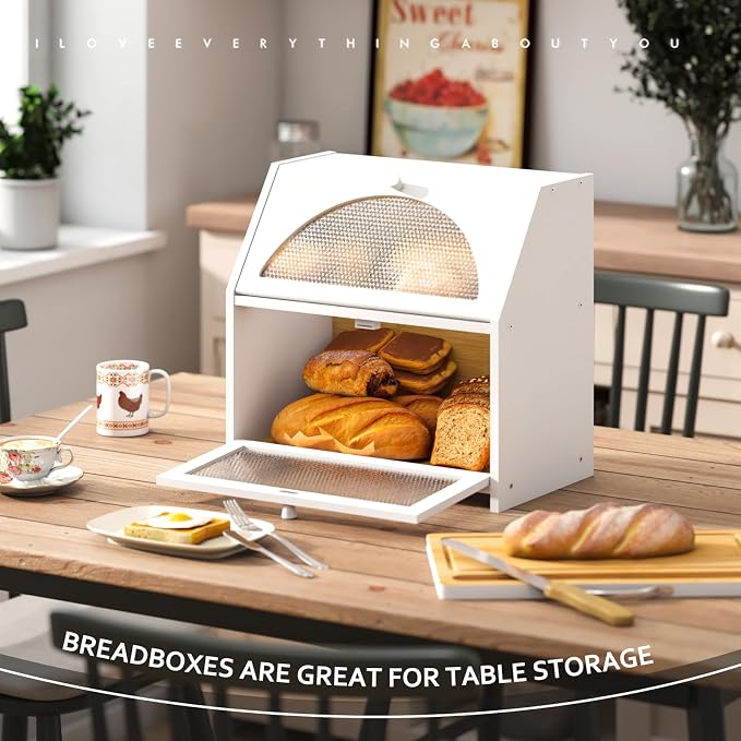STDDRE Bamboo Bread Box with Cutting Board, Double Layer Extra Large Bread Storage Bin with Door Panel for Kitchen Counter (White)