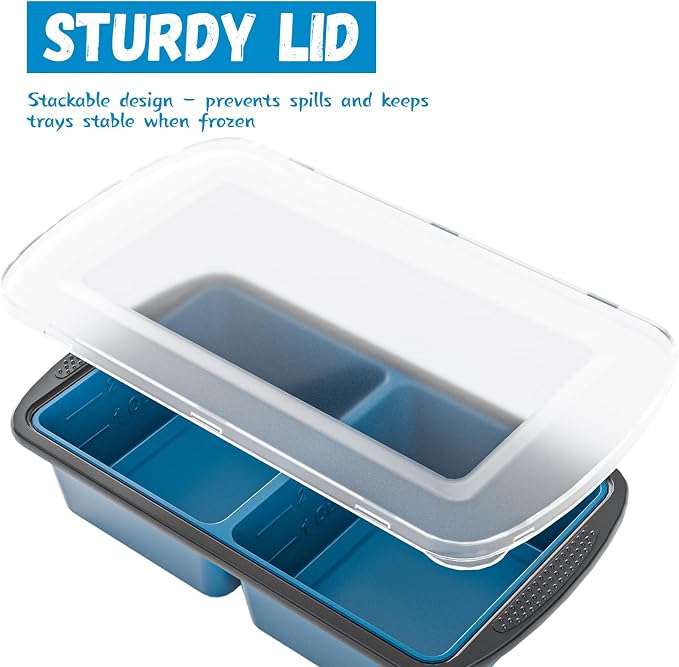 GORCI Silicone Freezer Tray With Lid, 4 Large 2 Cup Soup Freezer Molds, Soup Freezer Container for Meal Prepping, Large Ice Cube Tray， Perfect for Storing Leftovers, Sauces, Lasagna, 2-Pack