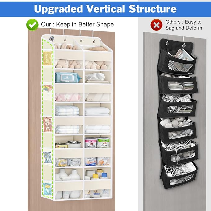 KEEGH 5 Tiers Over the Door Organizer, Large Hanging Door Organizer, Beige | Easy Installation, 10 Mesh Side Pockets, 10 Compartments, Door Organizer Hanging for Bedroom, Nursery, Bathroom and Pantry