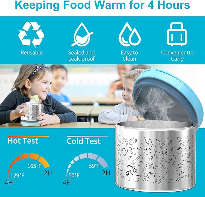 Lille Home Stainless Steel Thermal Lunch Box Set with Lunch Bag and Cultery | 22 Oz Vacuum Insulated Lunch Bento Box, to Keep Food Warm/Cool, 2 Small Food Container for Snack, Fruits and Sauces (Blue)