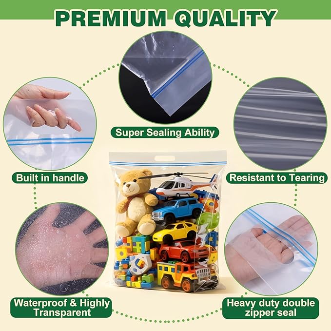 10 PACK 25 Gallon Extra Large Storage Bags, 35.5"x 24"x 7" Resealable Clear Zipper Bags with Handle, Heavy Duty Big Bag for Clothes Pillow Travel Moving, Expandable Bottom, 8 Mil Thick